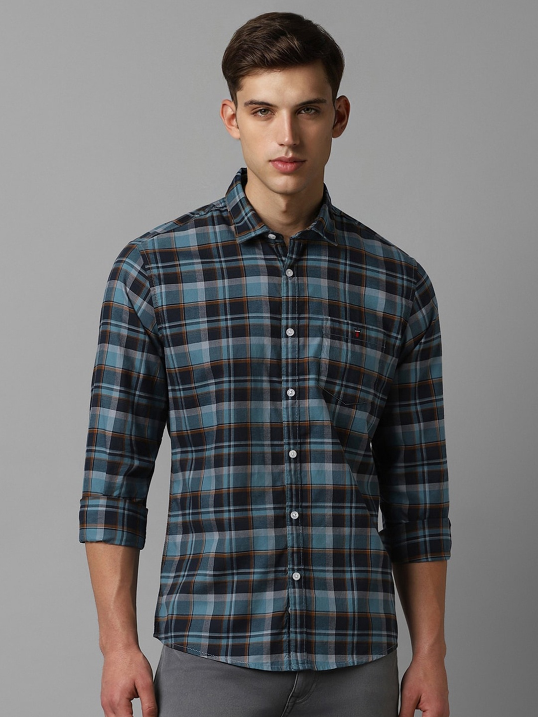 

Louis Philippe Jeans Slim Fit Tartan Checked Opaque Pure Cotton Casual Shirt, Navy blue