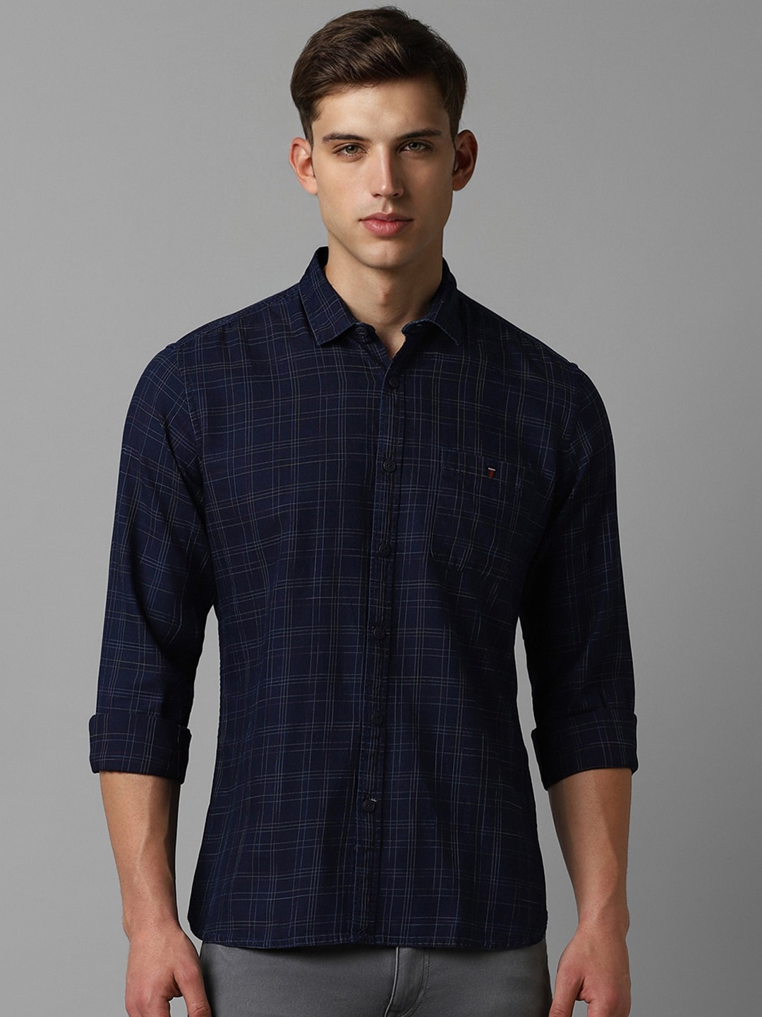 

Louis Philippe Jeans Checked Cotton Slim Fit Opaque Casual Shirt, Navy blue