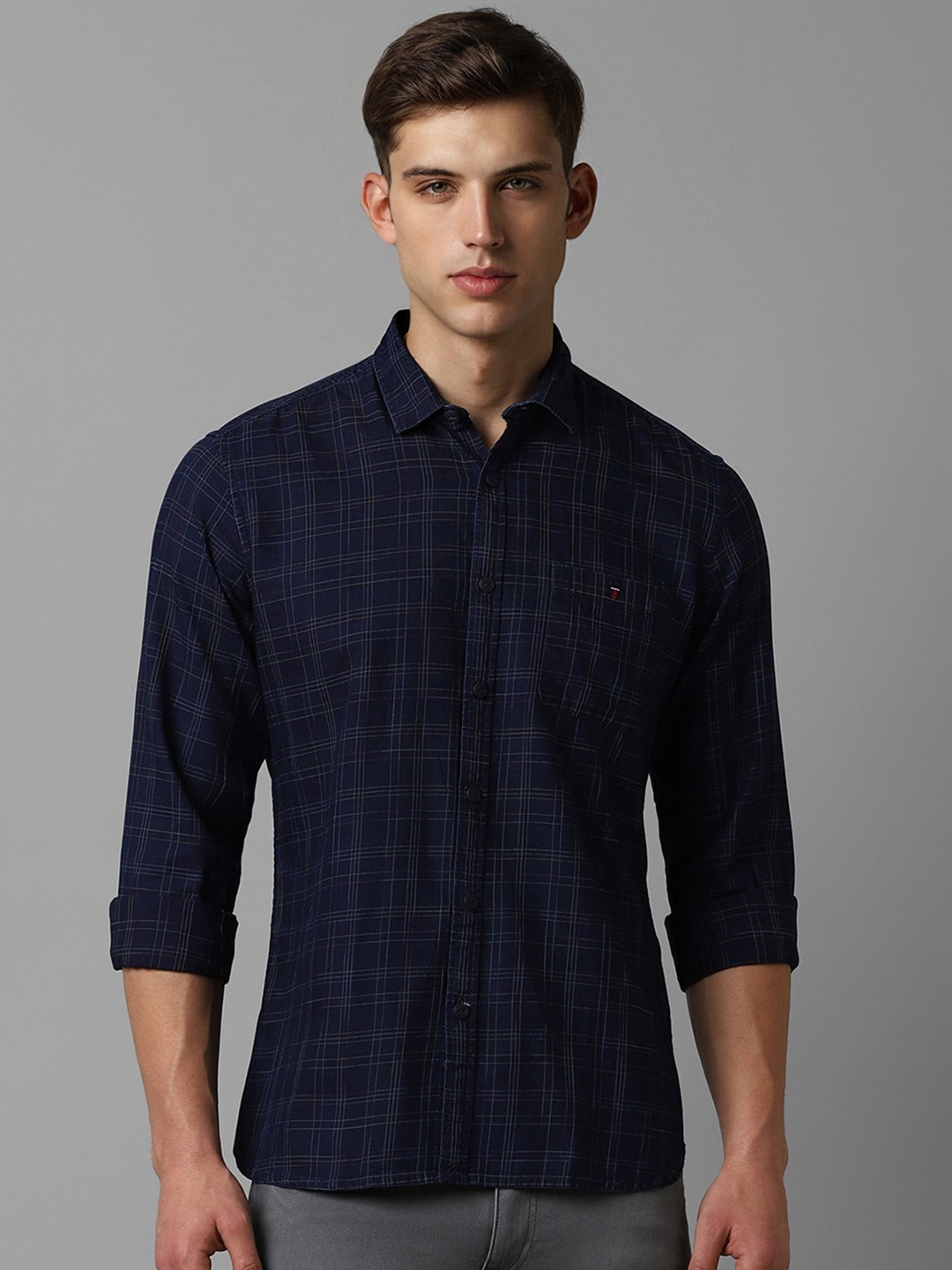 

Louis Philippe Jeans Checked Cotton Slim Fit Opaque Casual Shirt, Navy blue
