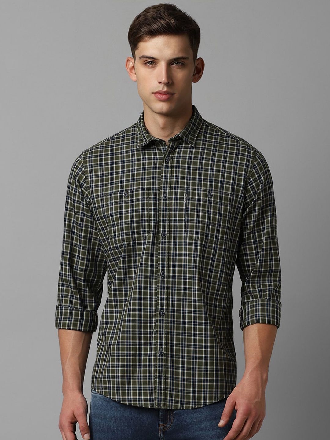 

Louis Philippe Jeans Checked Cotton Slim Fit Opaque Casual Shirt, Olive