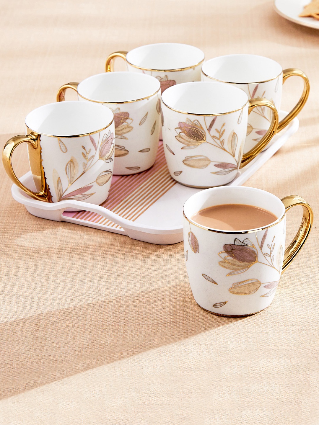

Home Centre Mandarin Iris White 7-Pieces Printed Bone China Glossy Mugs With Tray 240 ml