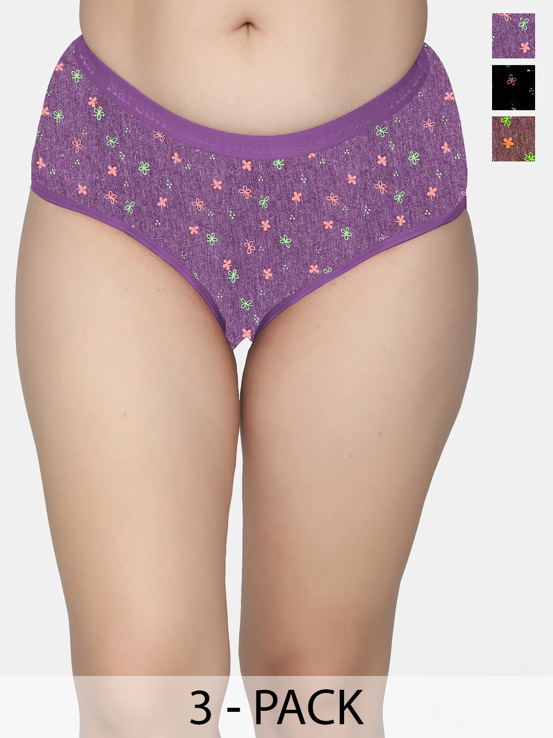 

MAROON Pack Of 3 Floral Printed Mid-Rise Skin-Friendly Hipster Briefs, Purple