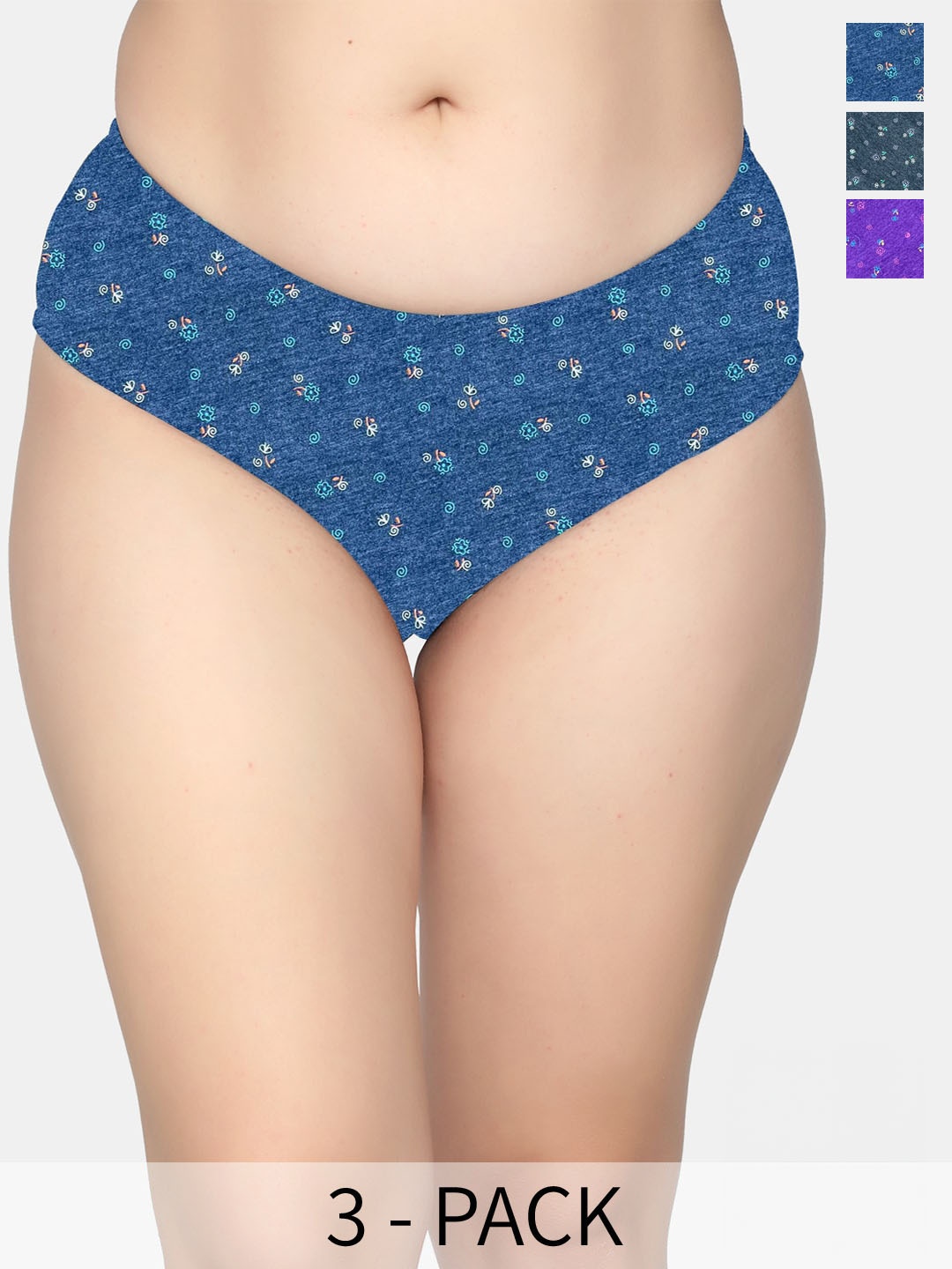 

MAROON Pack Of 3 Floral Printed Mid-Rise Anti Bacterial Hipster Briefs, Blue