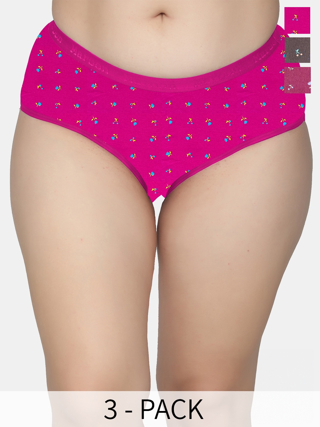 

MAROON Pack Of 3 Floral Printed Mid-Rise Anti Bacterial Hipster Briefs, Pink