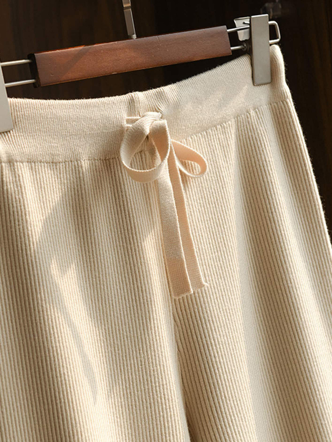 

LULU & SKY Women Ribbed Straight Fit High-Rise Trousers, Beige