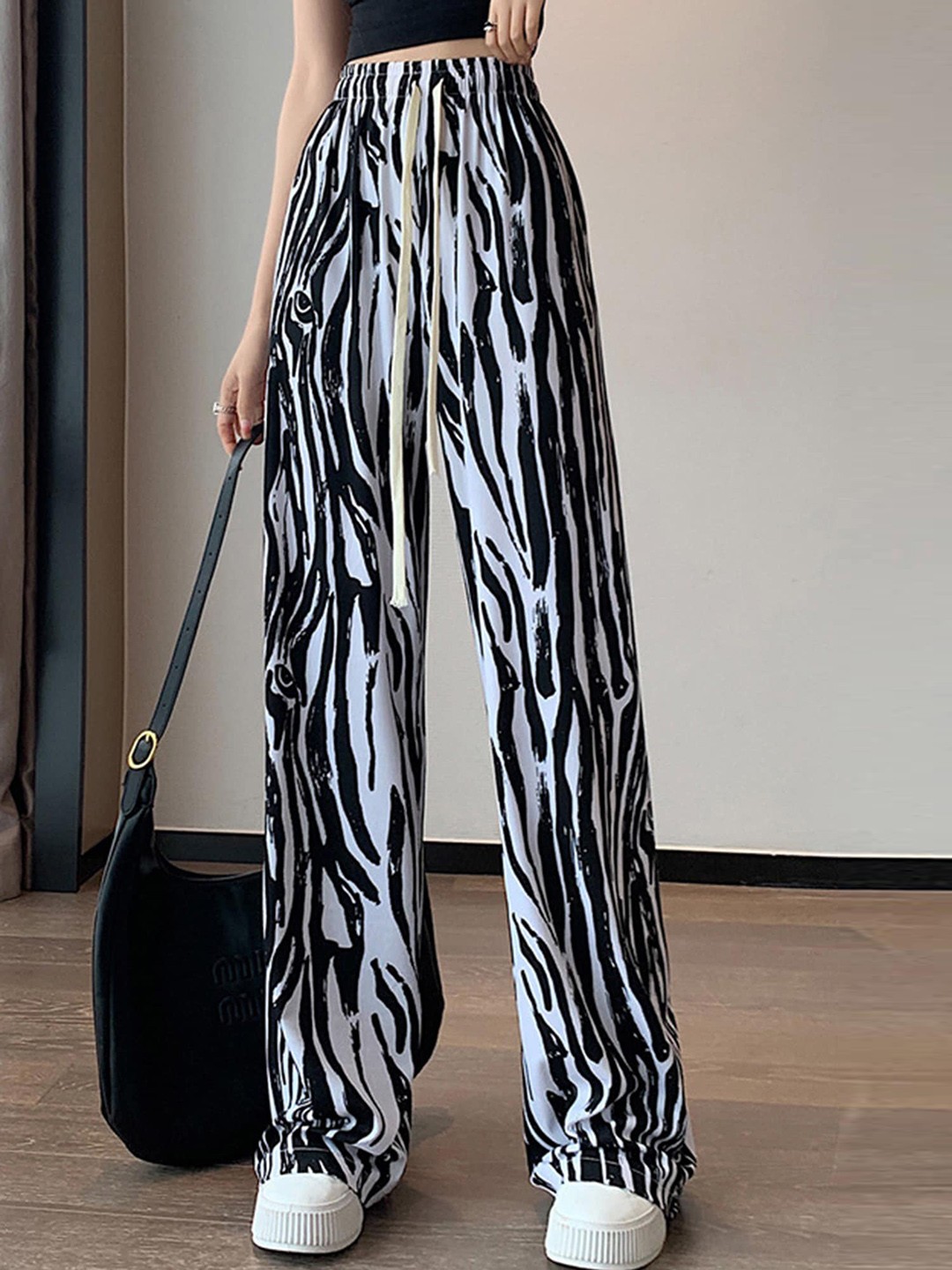 

LULU & SKY Abstract Printed Straight Fit High-Rise Parallel Trousers, Black