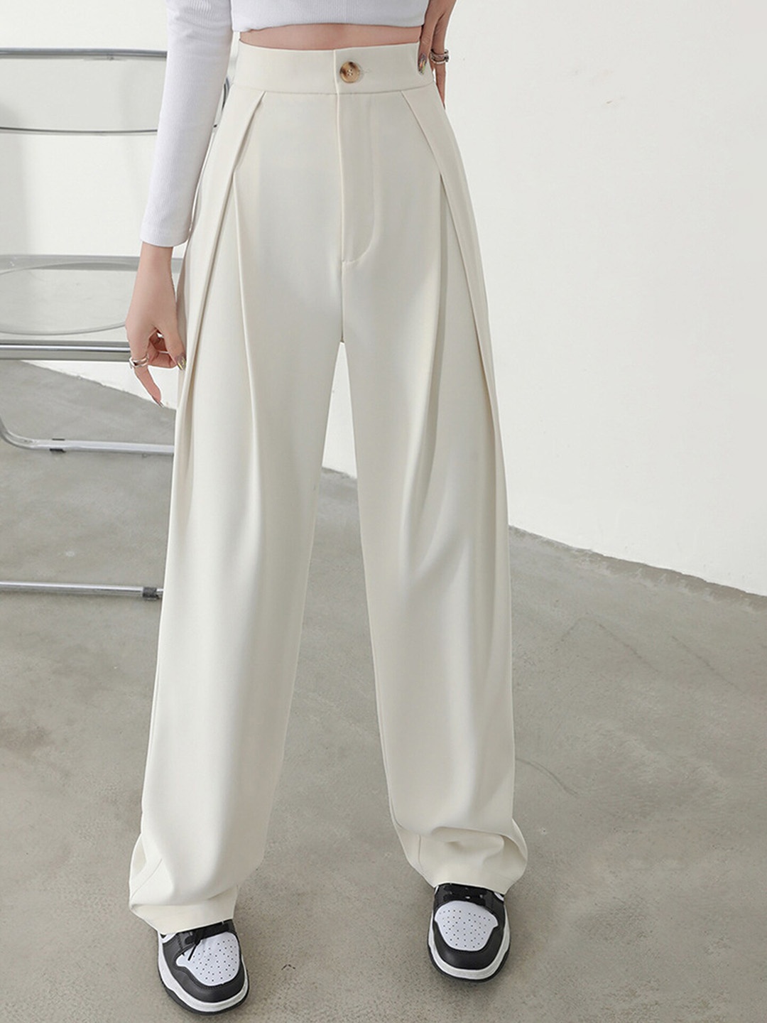 

LULU & SKY Women Loose Fit Pleated Parallel Trousers, Beige