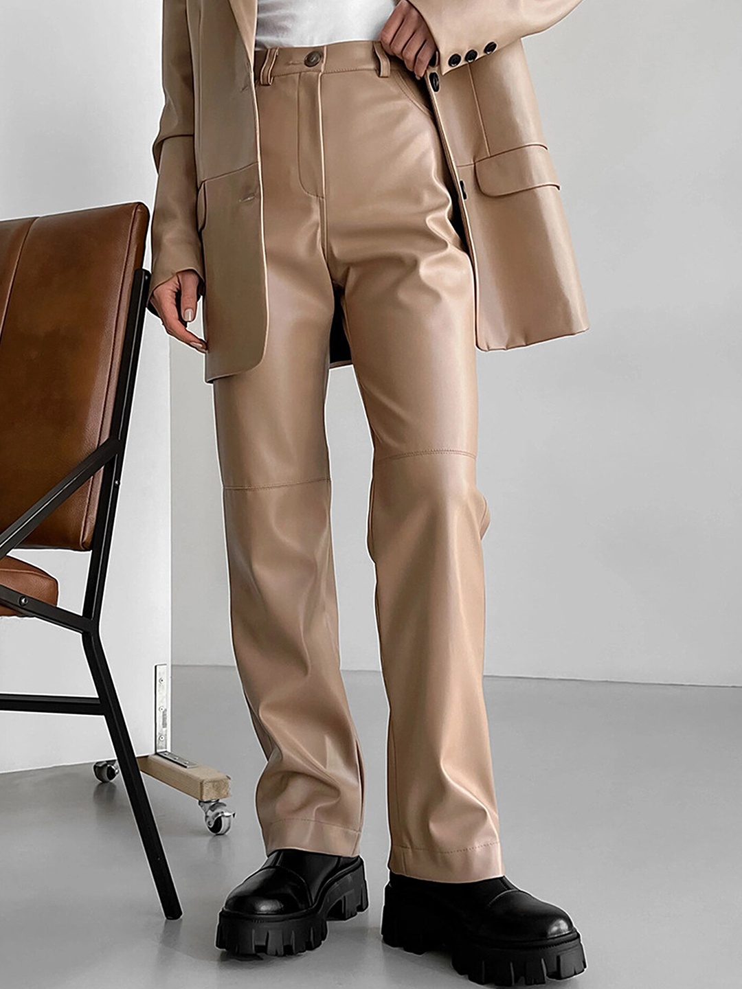 

LULU & SKY Women Straight Fit High-Rise PU Regular Trousers, Khaki