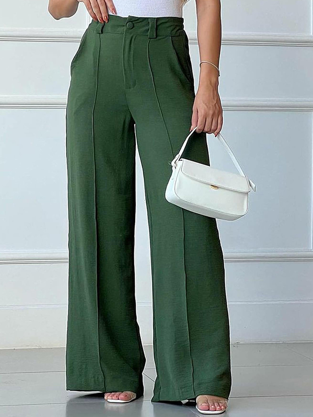 

LULU & SKY Women Mid Rise Pleated Parallel Trousers, Green