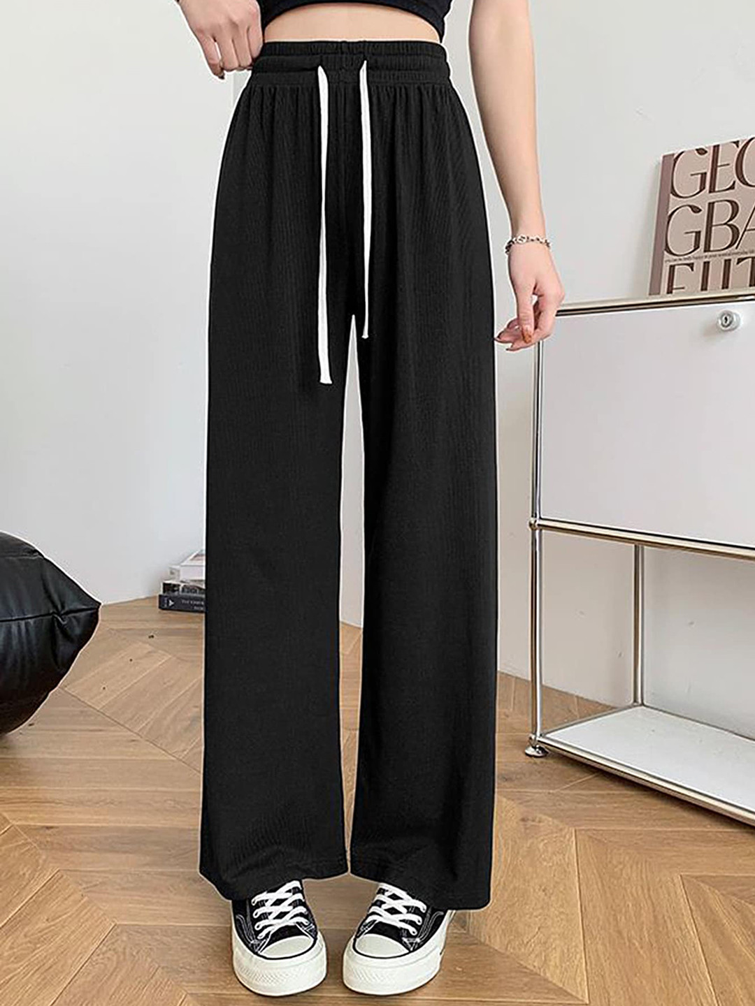 

LULU & SKY Women Loose Fit High-Rise Parallel Trousers, Black