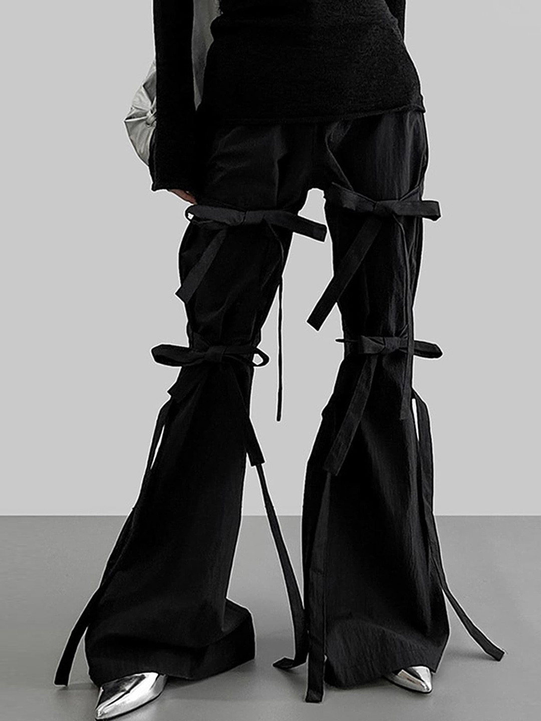 

LULU & SKY Women Flared Mid-Rise Bow Tie Detail Bootcut Trousers, Black