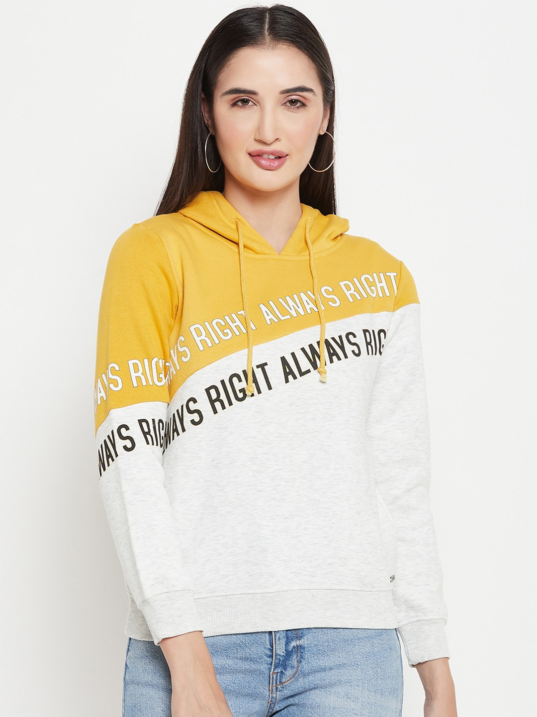 

Madame Colourblocked Hooded Cotton Pullover Sweatshirt, Mustard