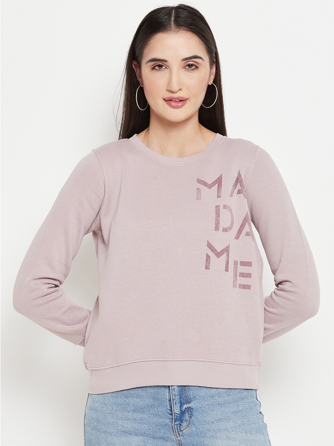 

Madame Typography Printed Cotton Pullover Sweatshirt, Mauve