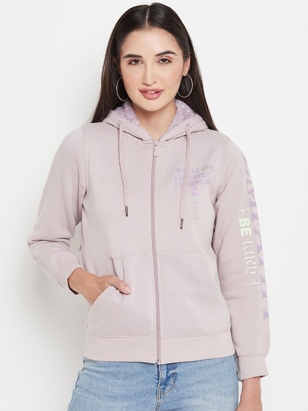 

Madame Typography Printed Cotton Hooded Front-Open Sweatshirt, Mauve
