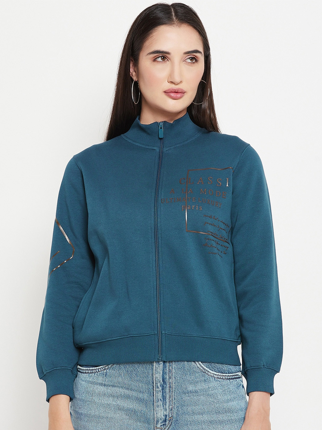 

Madame Cotton Mock Collar Front-Open Sweatshirt, Teal