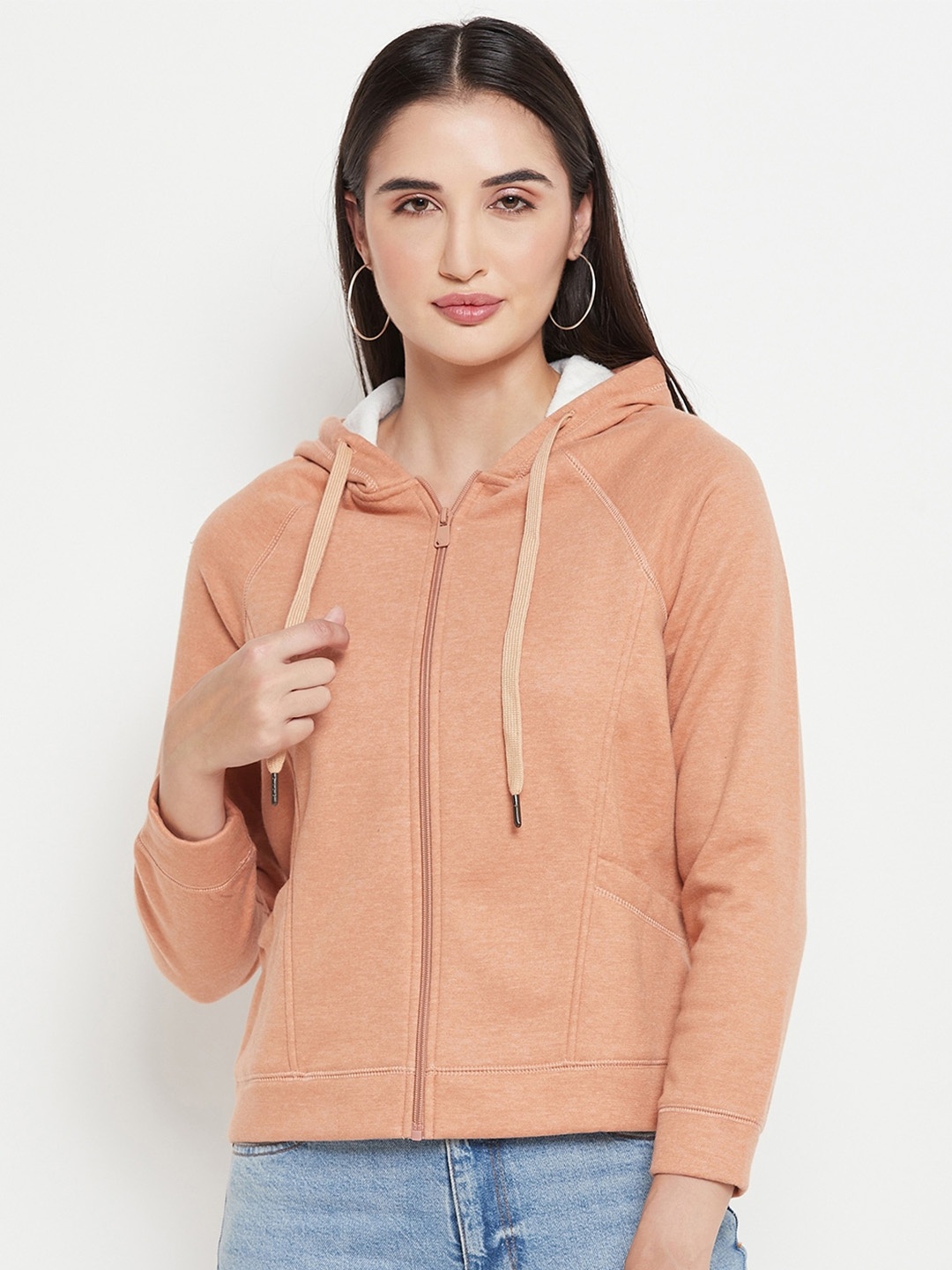 

Madame Raglan Sleeves Hooded Cotton Front Open Sweatshirt, Peach