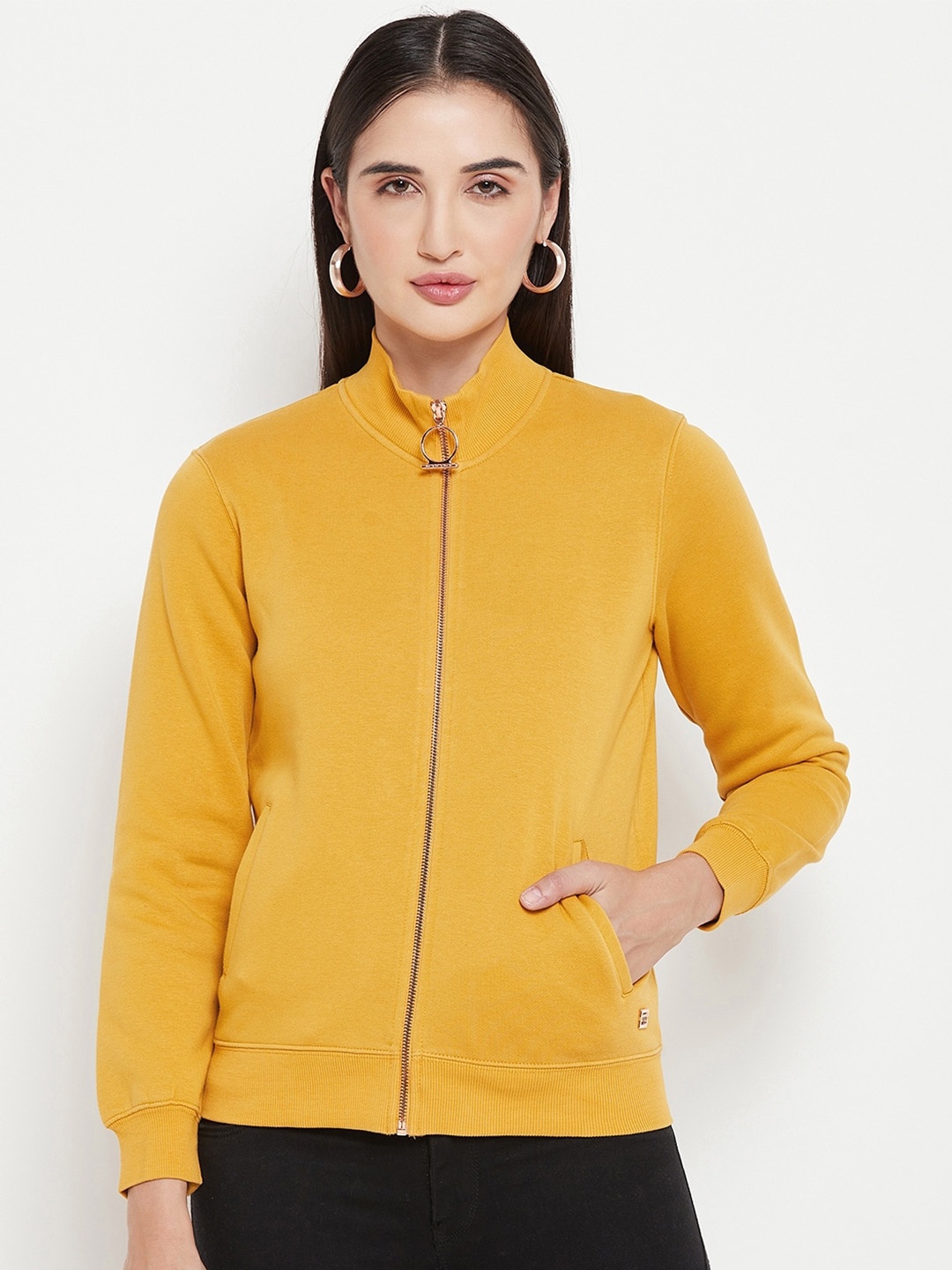 

Madame Cotton Mock Collar Front-Open Sweatshirt, Mustard