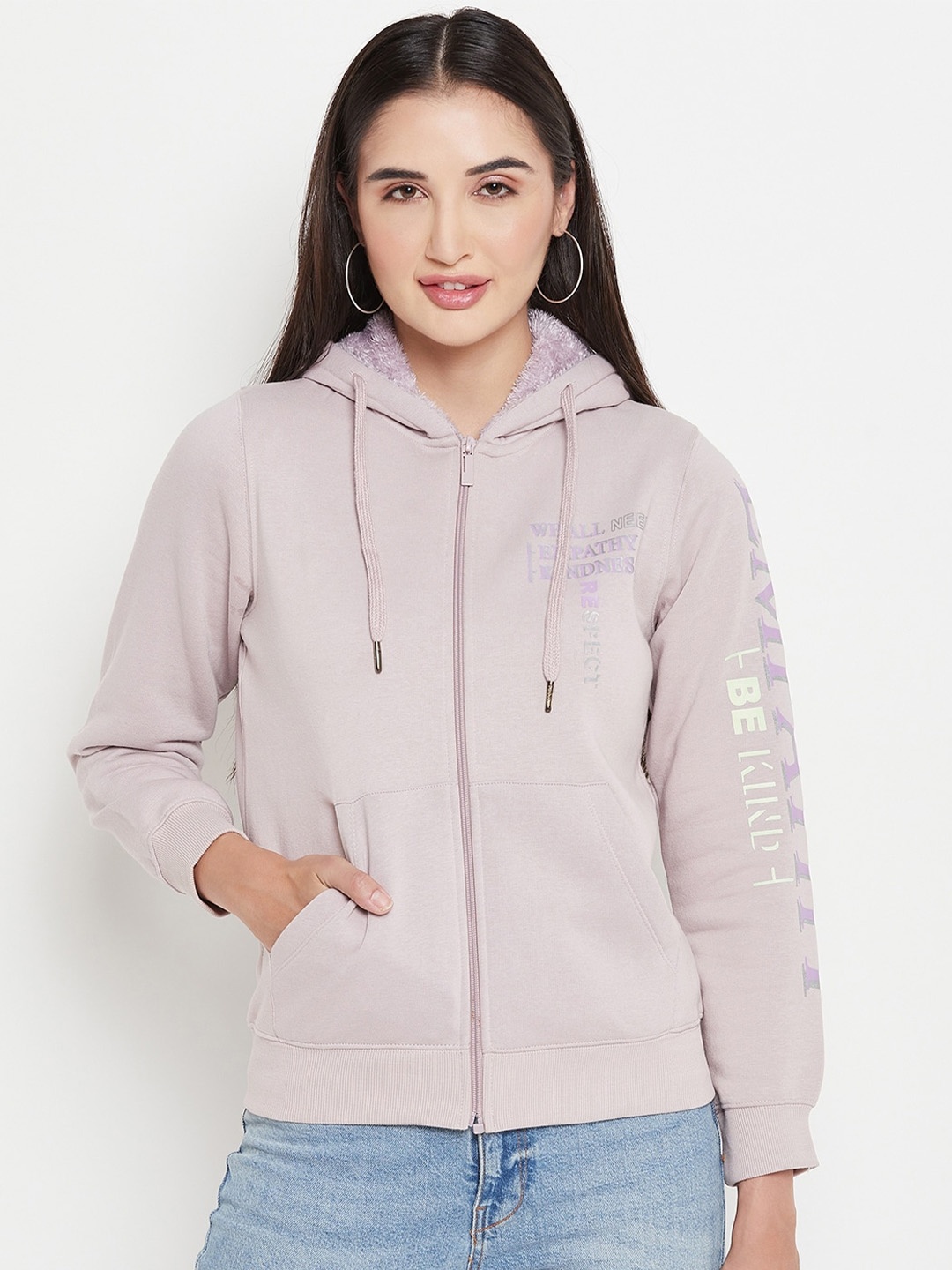 

Madame Typography Printed Cotton Hooded Front-Open Sweatshirt, Mauve