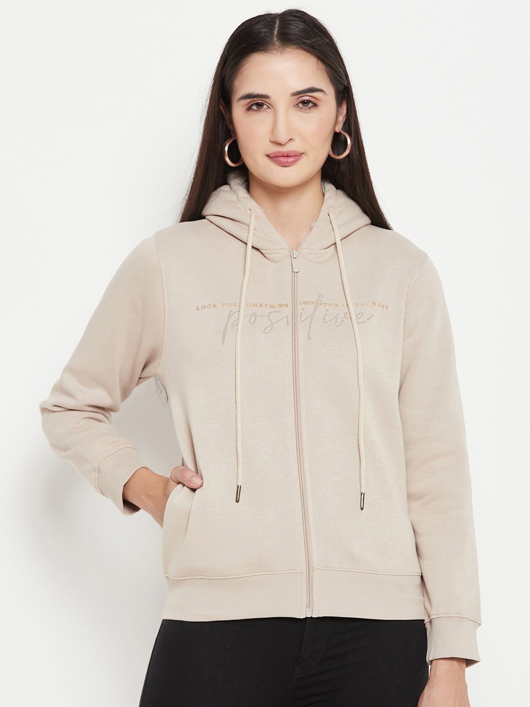 

Madame Typography Printed Cotton Hooded Front-Open Sweatshirt, Beige