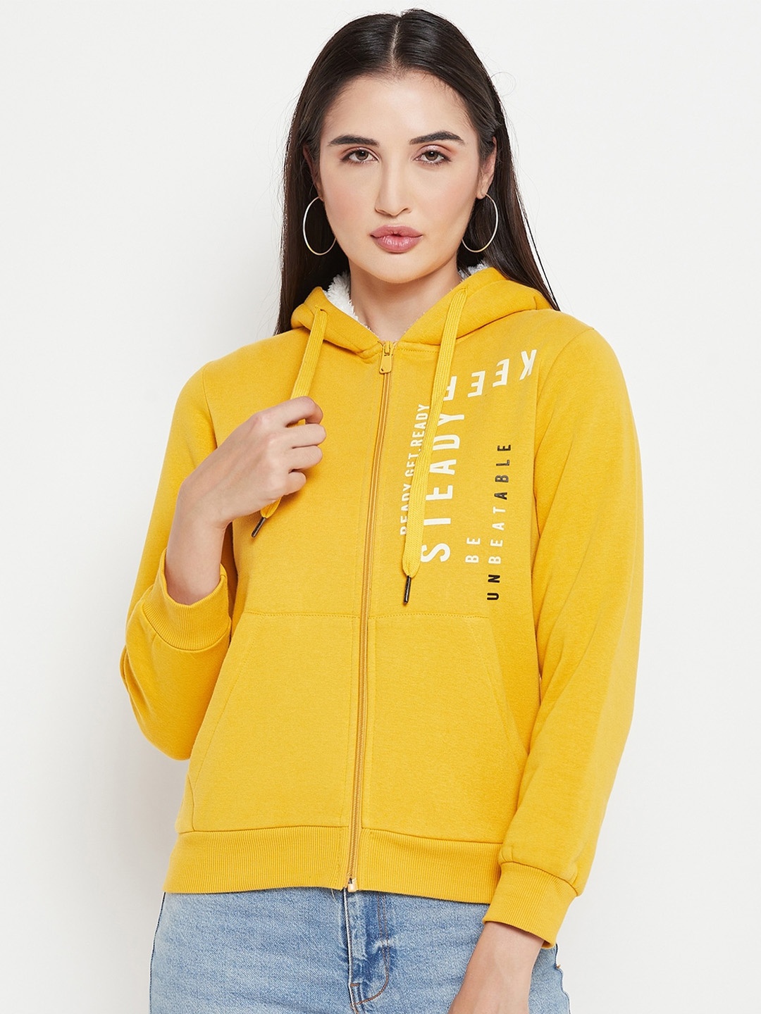 

Madame Typography Printed Cotton Hooded Sweatshirt, Mustard