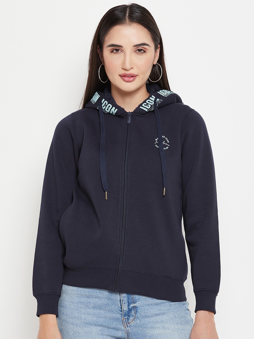 

Madame Cotton Hooded Front-Open Sweatshirt, Navy blue