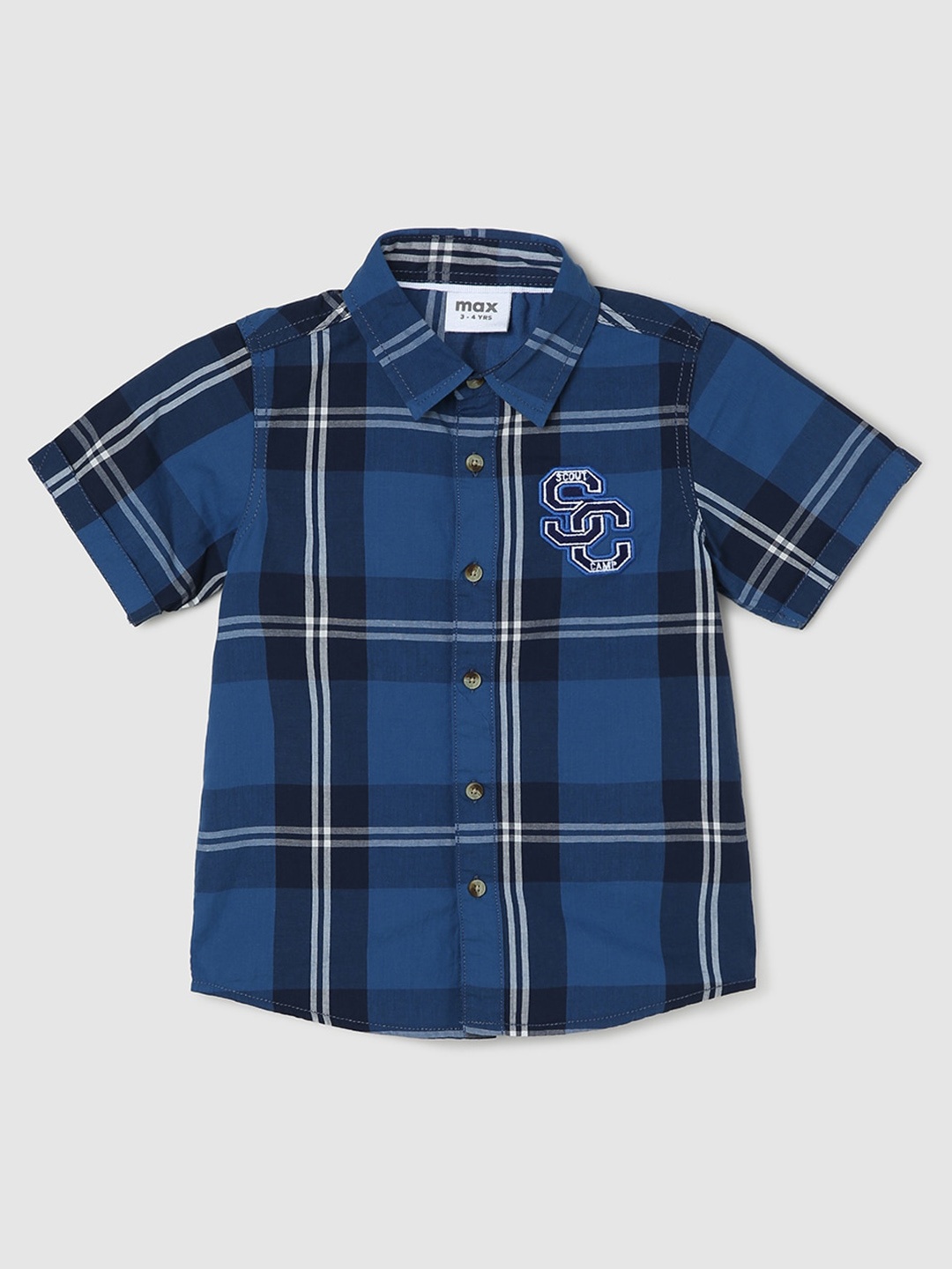 

max Boys Tartan Checks Pure Cotton Casual Shirt, Navy blue