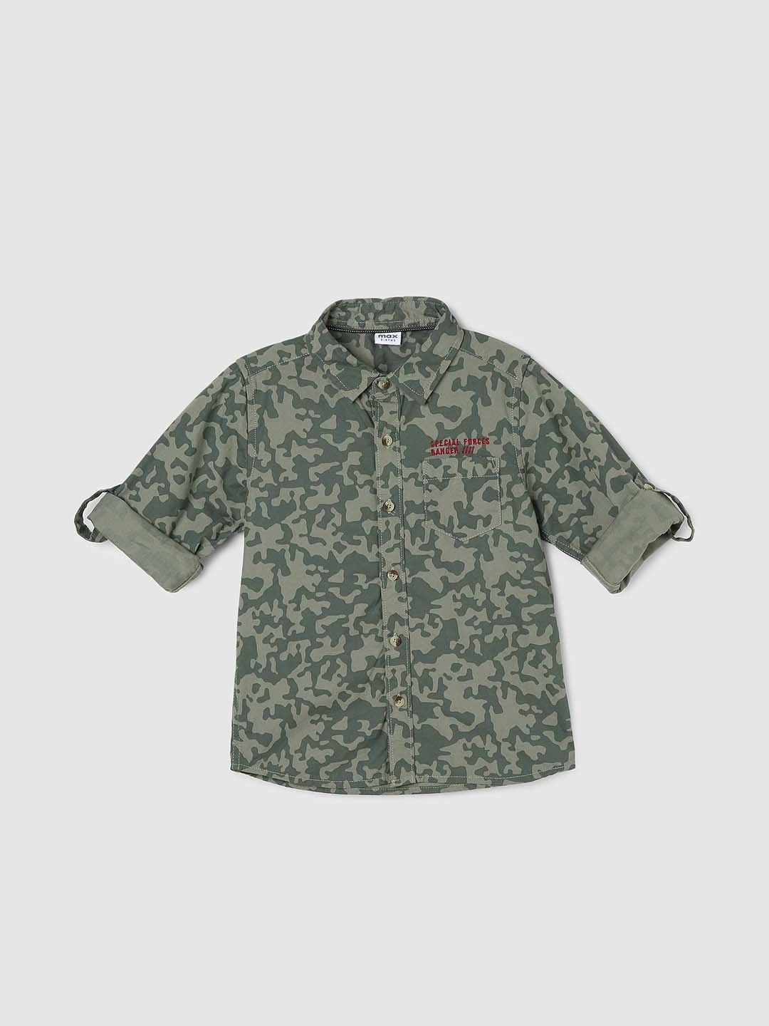 

max Boys Abstract Printed Roll-Up Sleeves Pure Cotton Casual Shirt, Olive