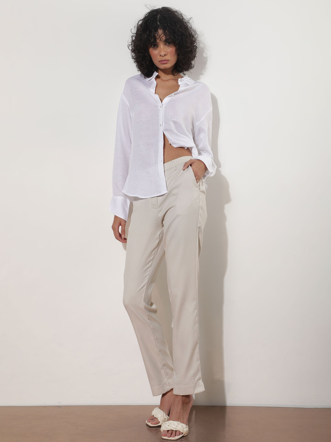 

RAREISM Women Slim Fit High Rise Self Design Cotton Trousers, Beige