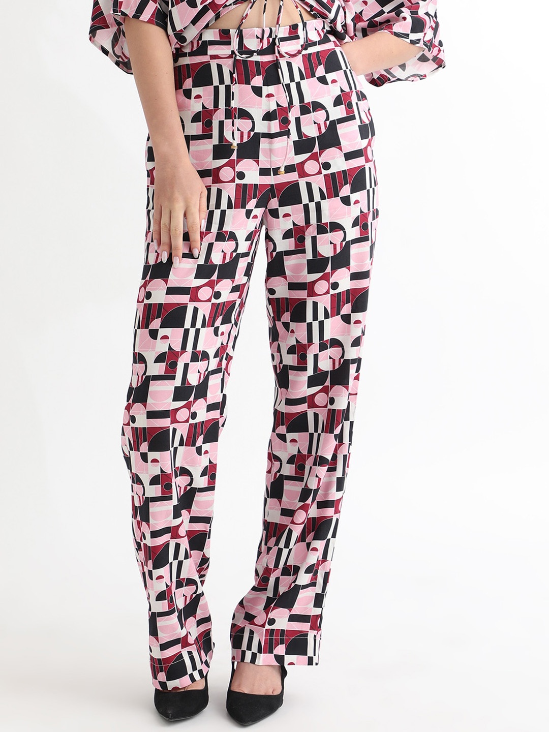 

RAREISM Women Geometric Printed Slim Fit High-Rise Trousers, Pink