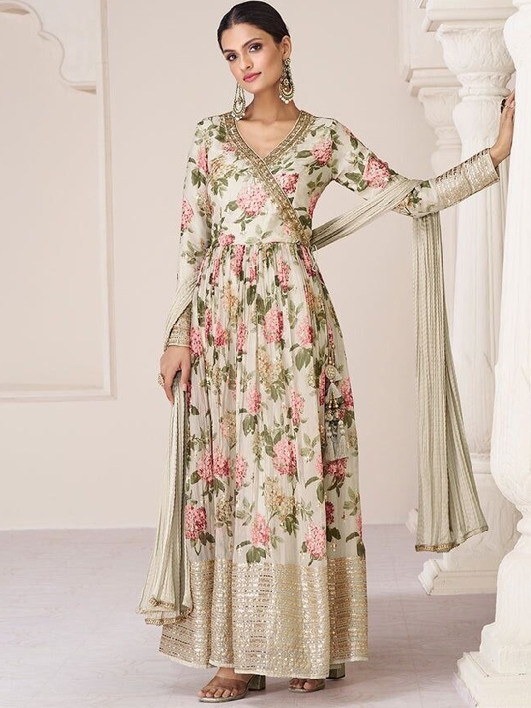 

BLACK SCISSOR Floral Printed Fit & Flared Maxi Ethnic Dresses With Dupatta, White