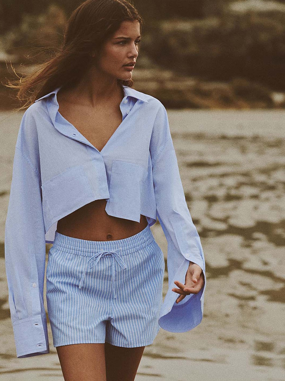 

LULU & SKY Shirt Collar Cuffed Sleeves Shirt Style Crop Top, Blue