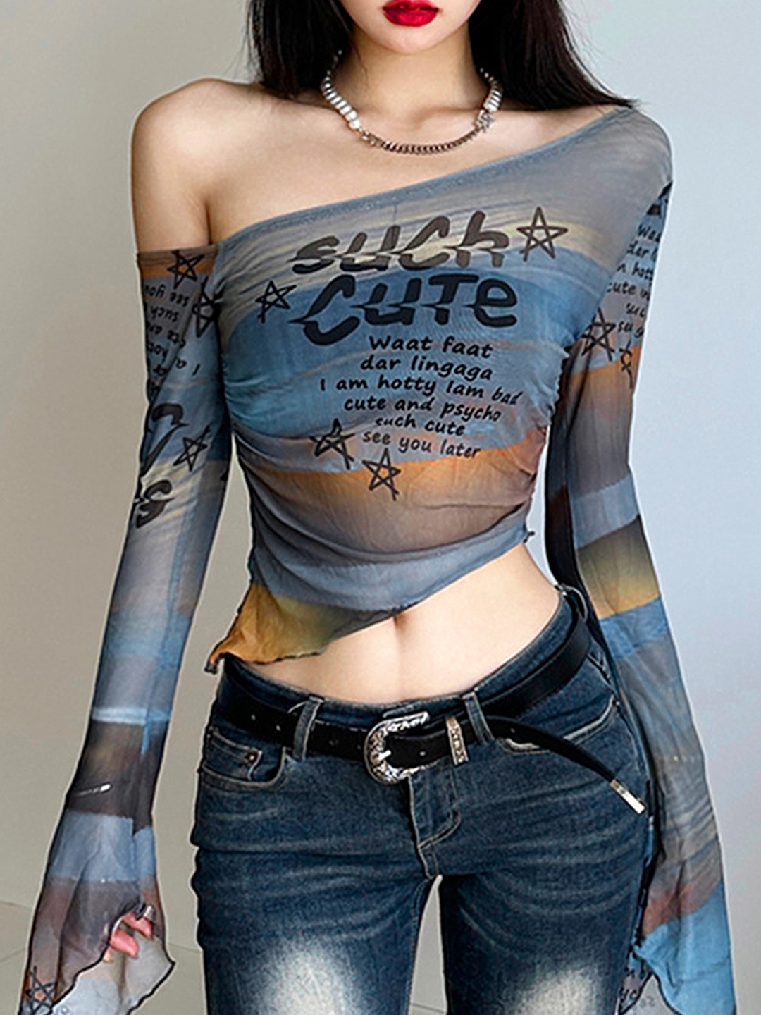 

LULU & SKY Typography Printed One Shoulder Crop Top, Grey
