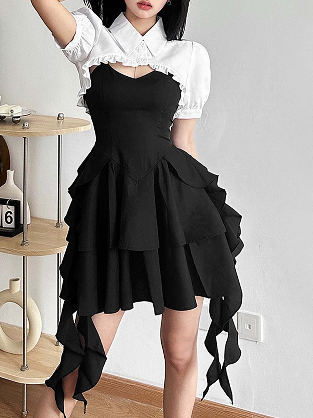 

LULU & SKY Shirt Collar Puff Sleeves Pleated Detailed Shirt Style Crop Top, White