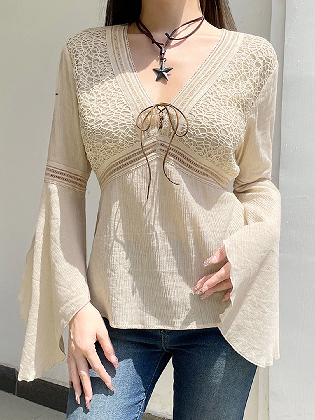 

LULU & SKY Self Designed Tie-Up Neck Bell Sleeve Pure Cotton Empire Top, Beige