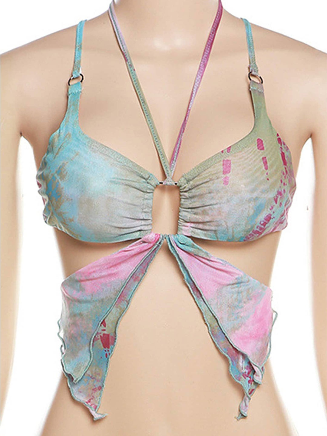 

LULU & SKY Abstract Printed Cut-Out Detailed Crop Top, Green