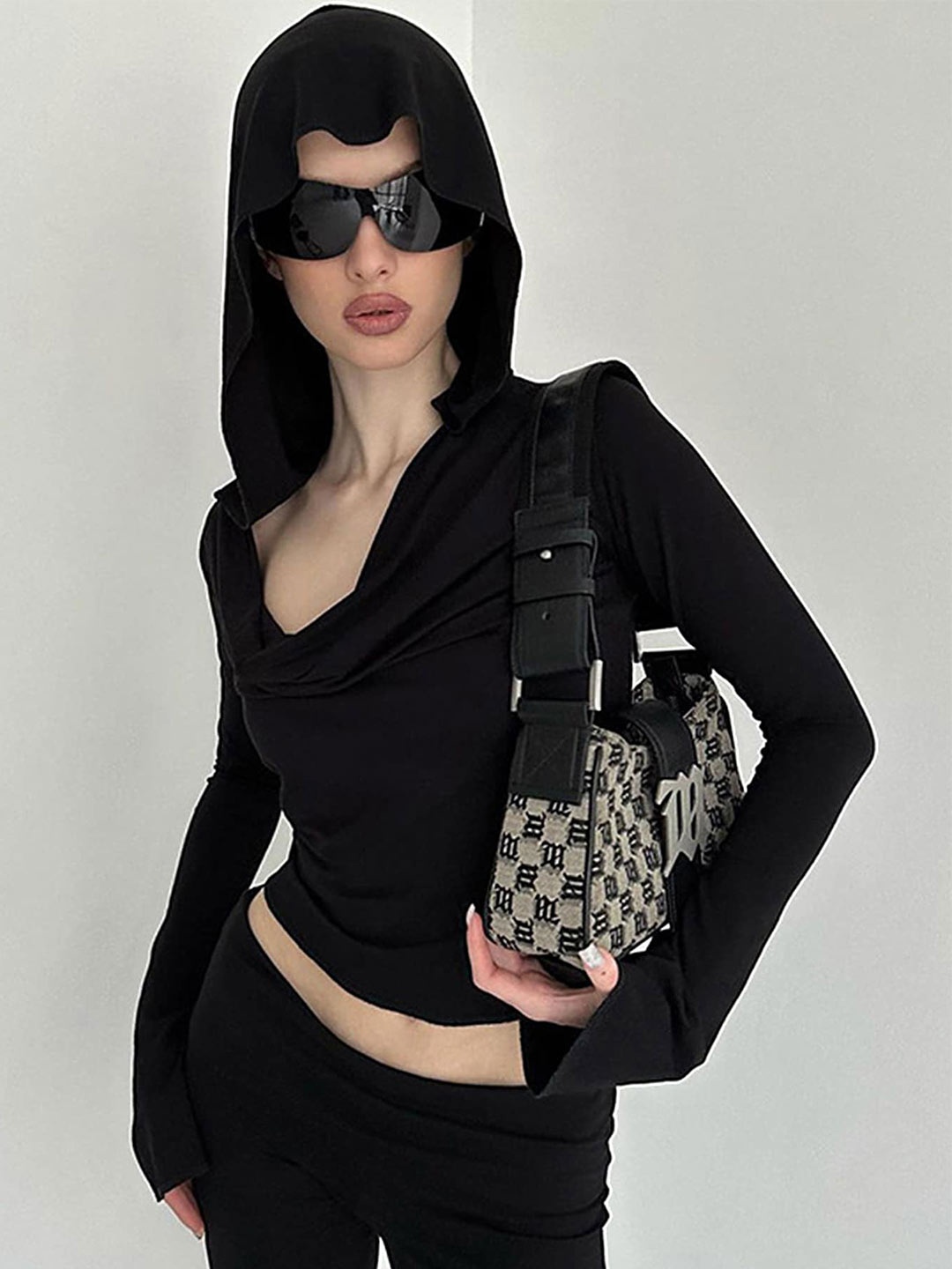 

LULU & SKY Hooded Gathered Regular Crop Top, Black