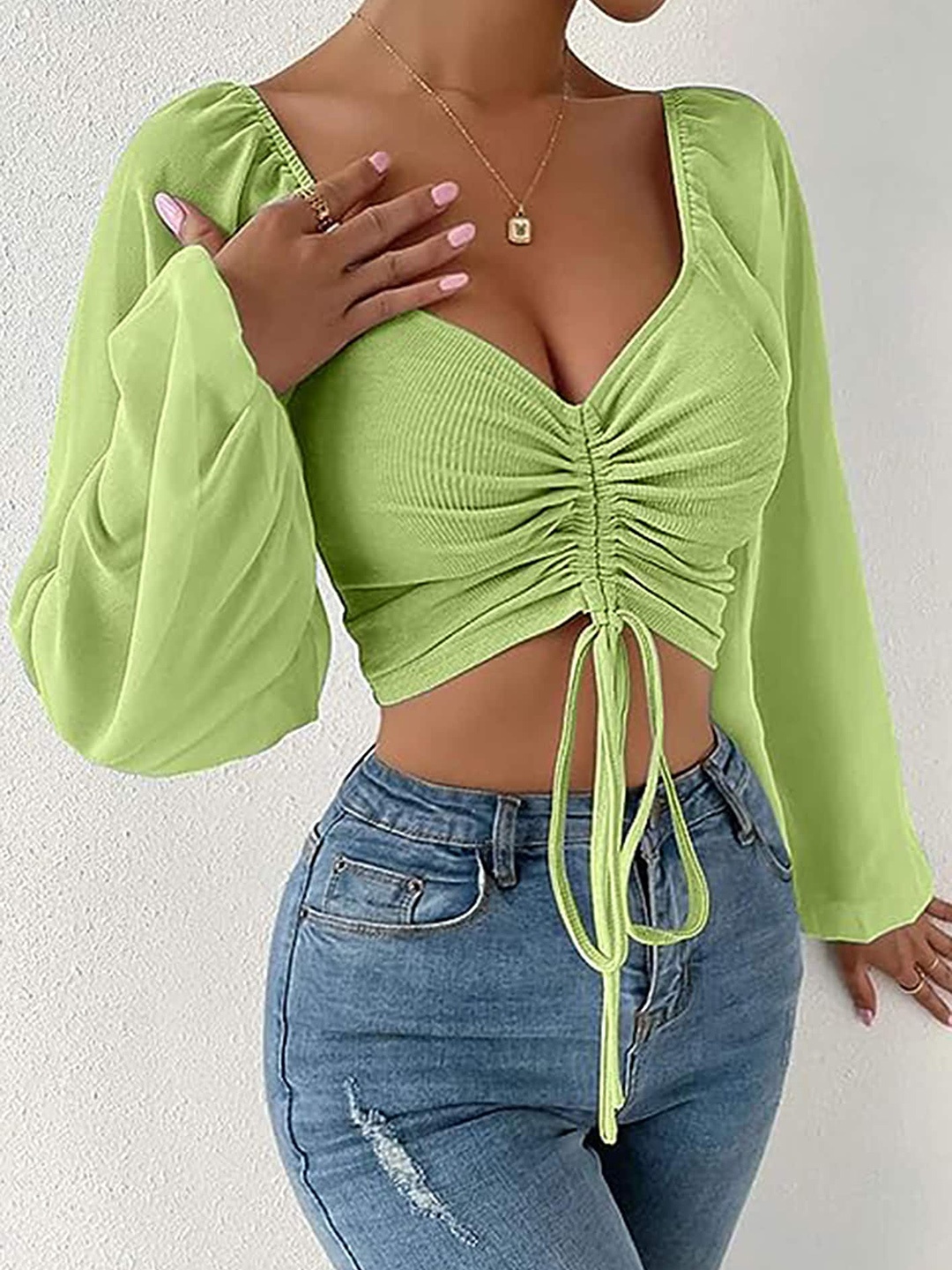 

LULU & SKY Sweetheart Neck Ruched Crop Top, Green
