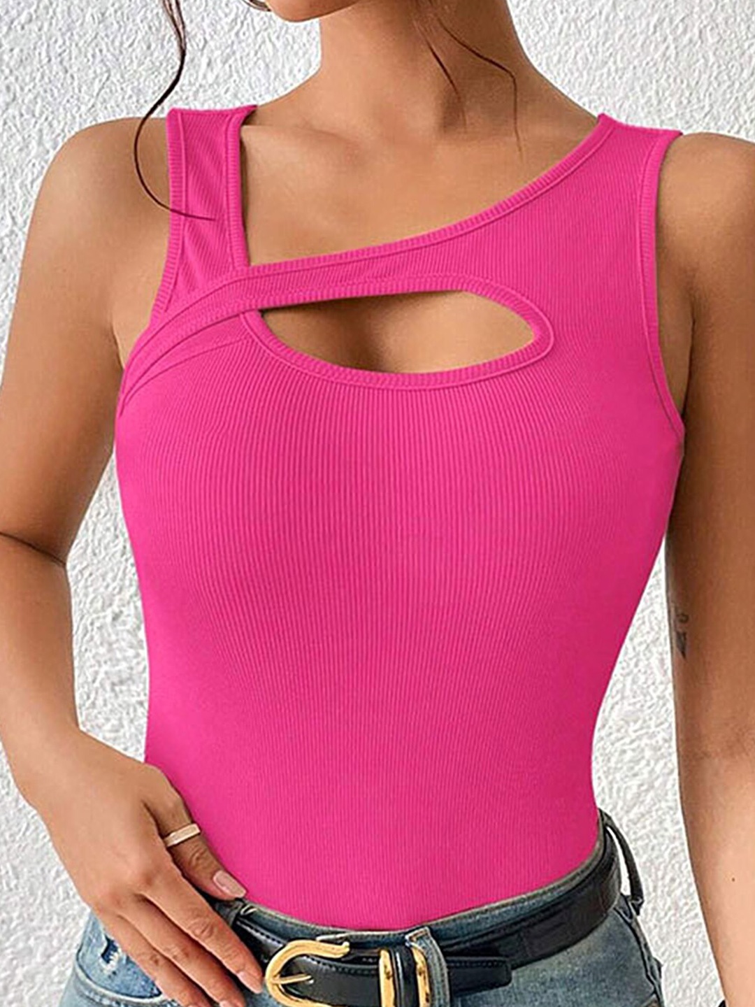 

LULU & SKY Self Design Asymmetric Neck Cut-Outs Fitted Regular Top, Pink