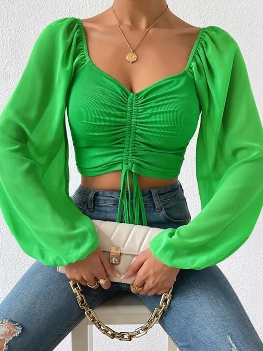 

LULU & SKY Sweetheart Neck Gathered Fitted Crop Top, Green