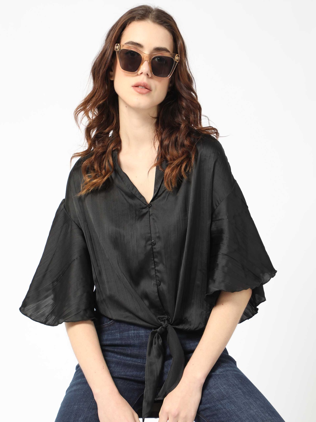 

RAREISM V-Neck Flared Sleeves Tie Up Top, Black