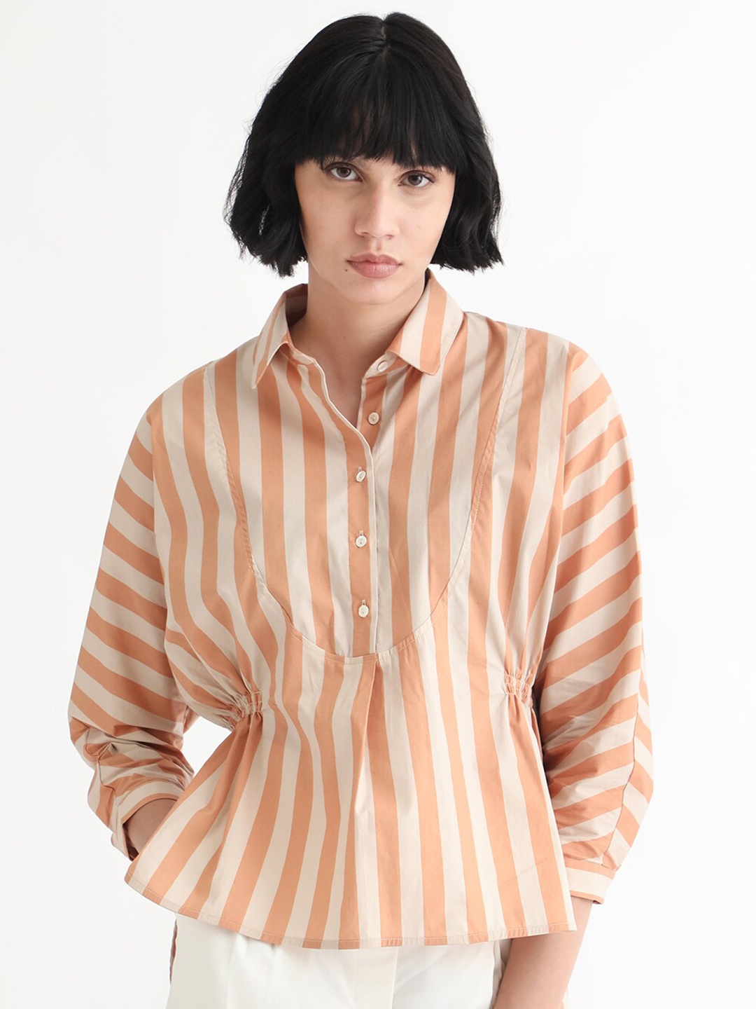 

RAREISM Vertical Striped Cotton Shirt Style Top, Beige