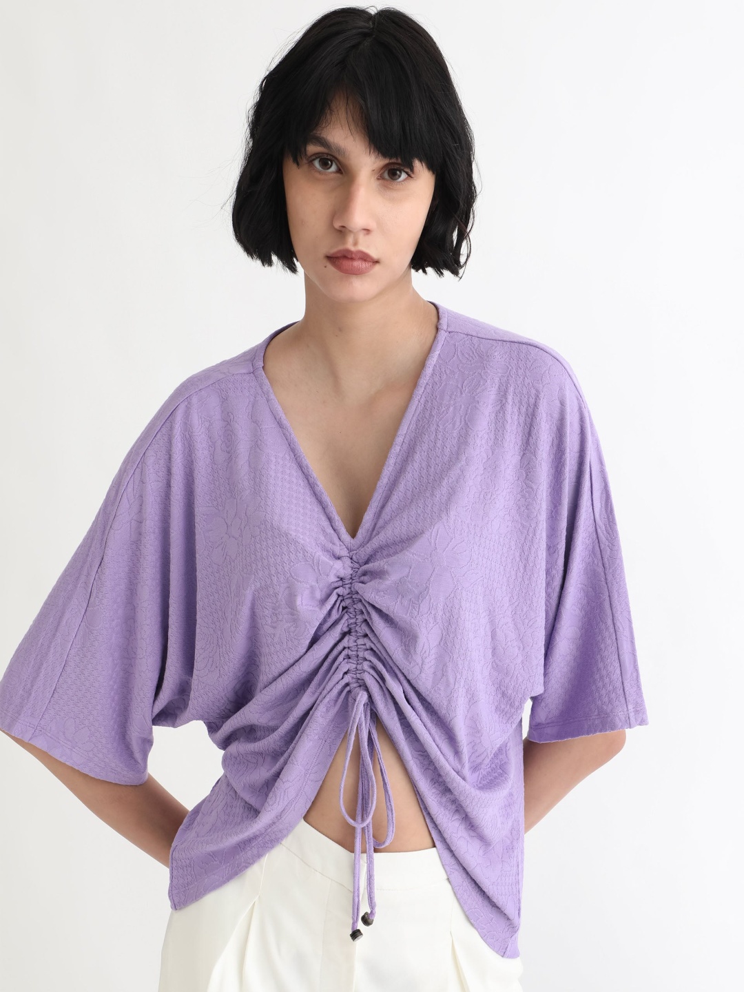 

RAREISM Floral Self Design Extended Sleeves Ruched Top, Purple