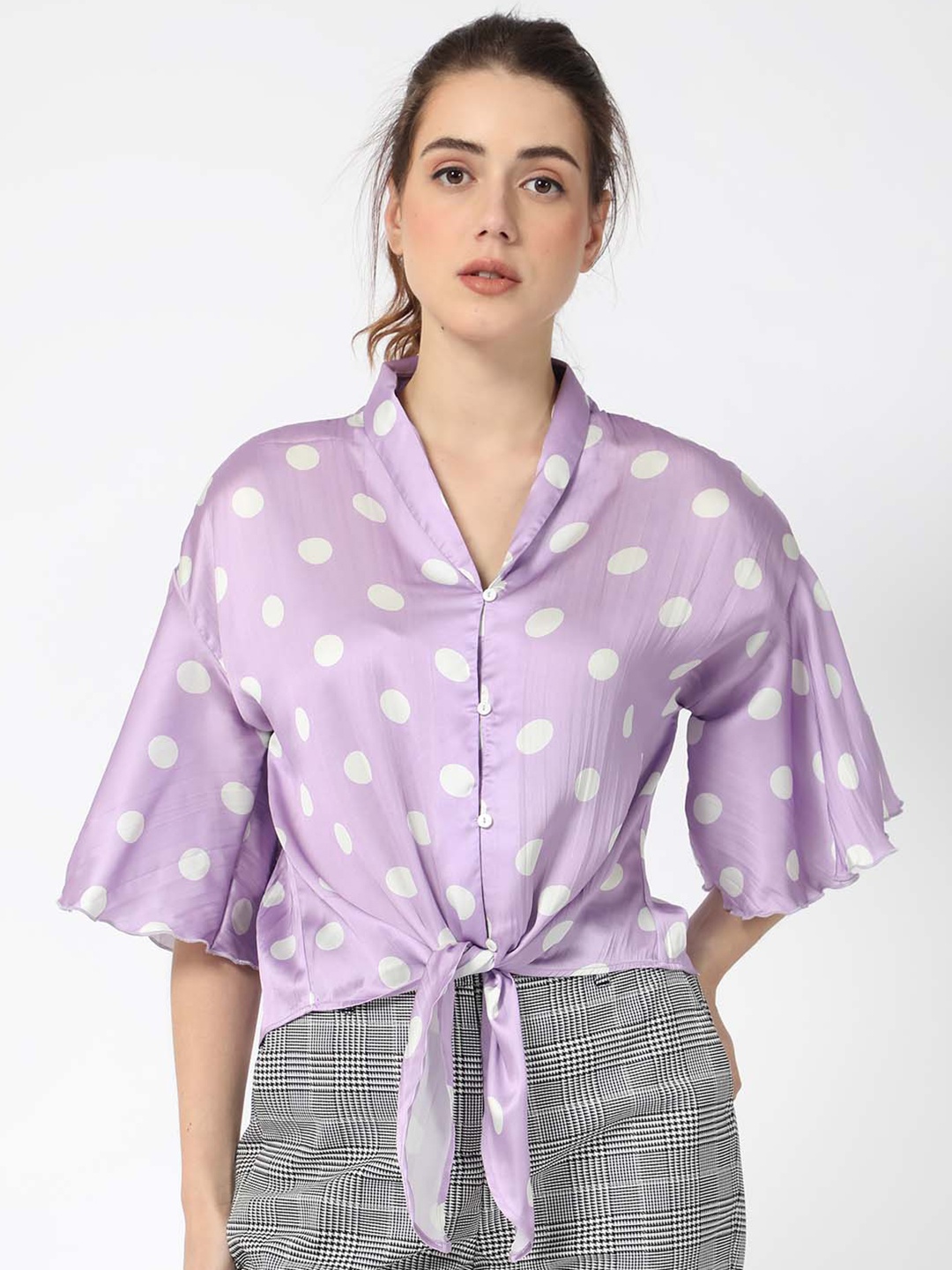 

RAREISM Polka Dots Printed Waist Tie Ups Shirt Style Crop Top, Purple