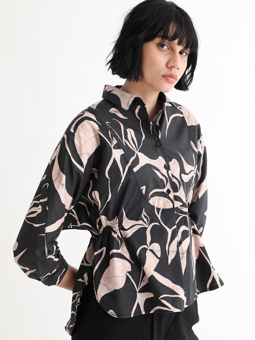 

RAREISM Abstract Printed Cotton Shirt Style Top, Black