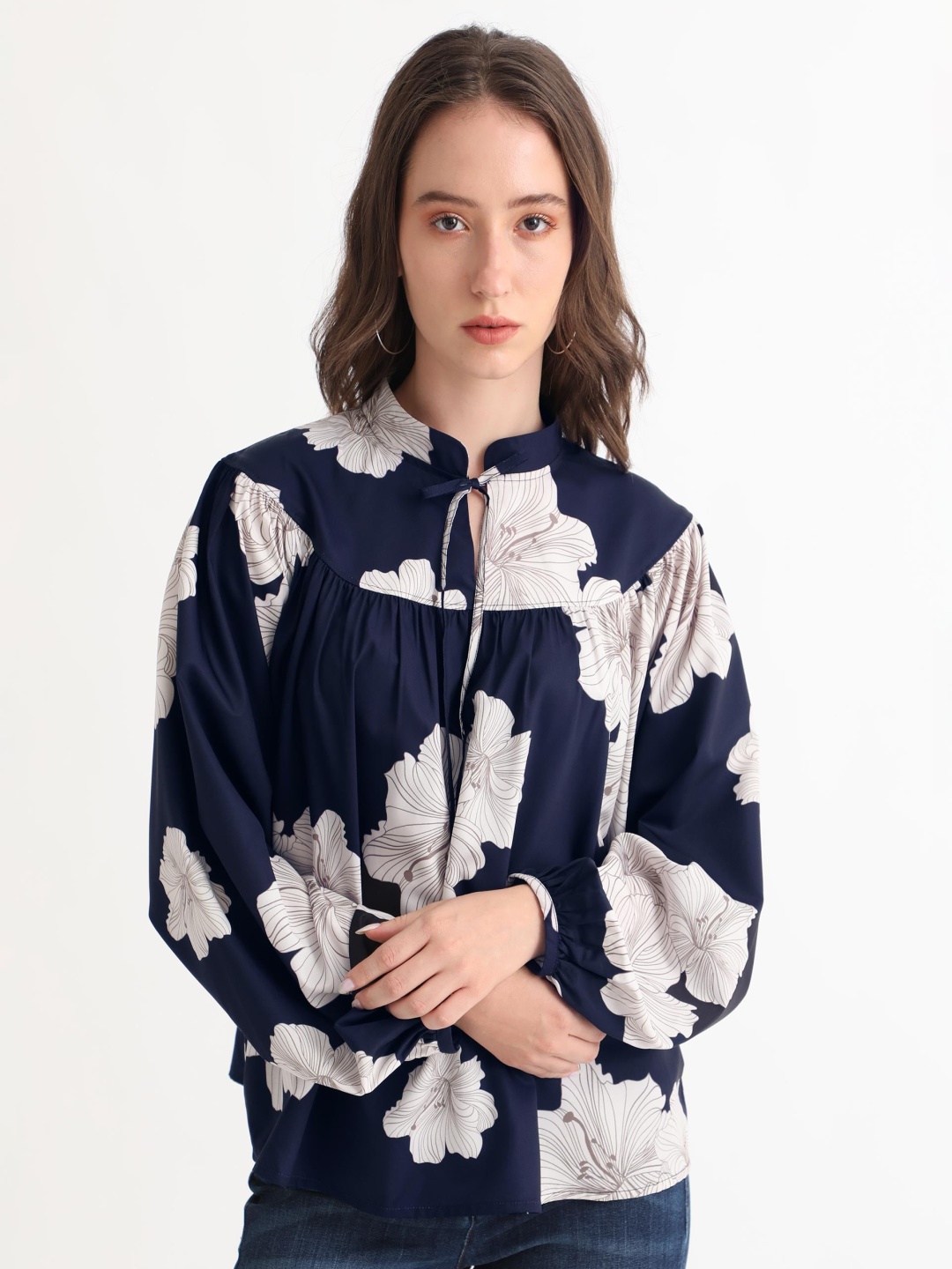 

RAREISM Floral Printed Tie-Up Neck Puff Sleeves Top, Navy blue