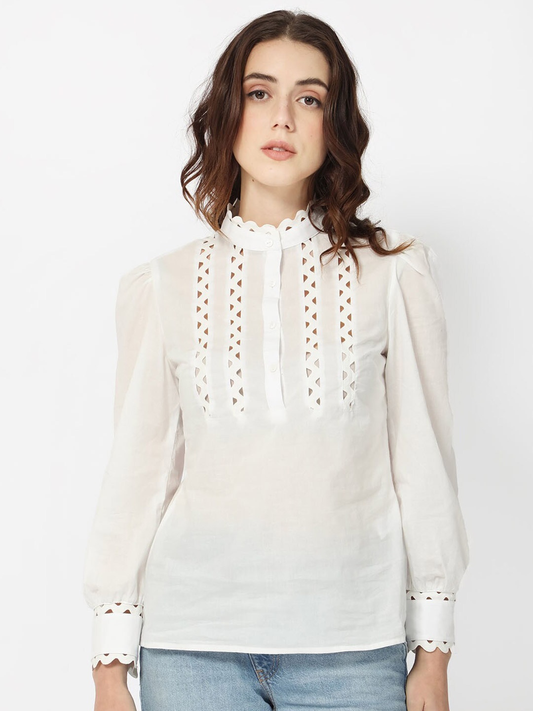 

RAREISM Mandarin Collar Cut Out Cotton Shirt Style Top, Off white