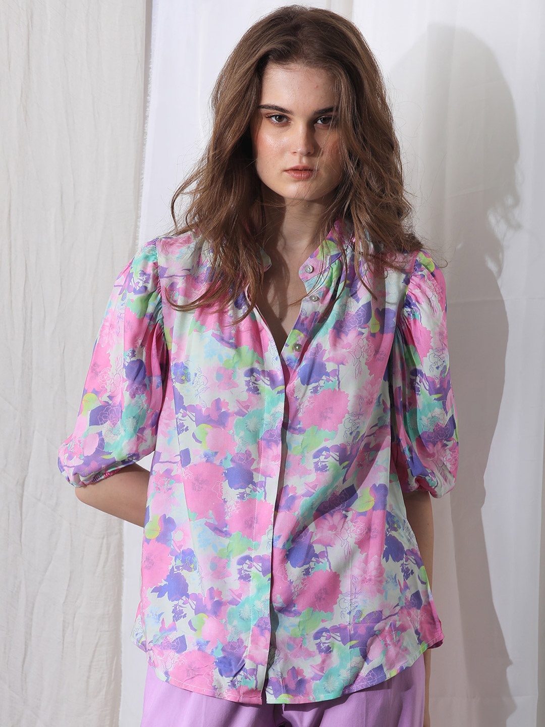 

RAREISM Floral Printed Mandarin Collar Puff Sleeves Shirt Style Top, Pink