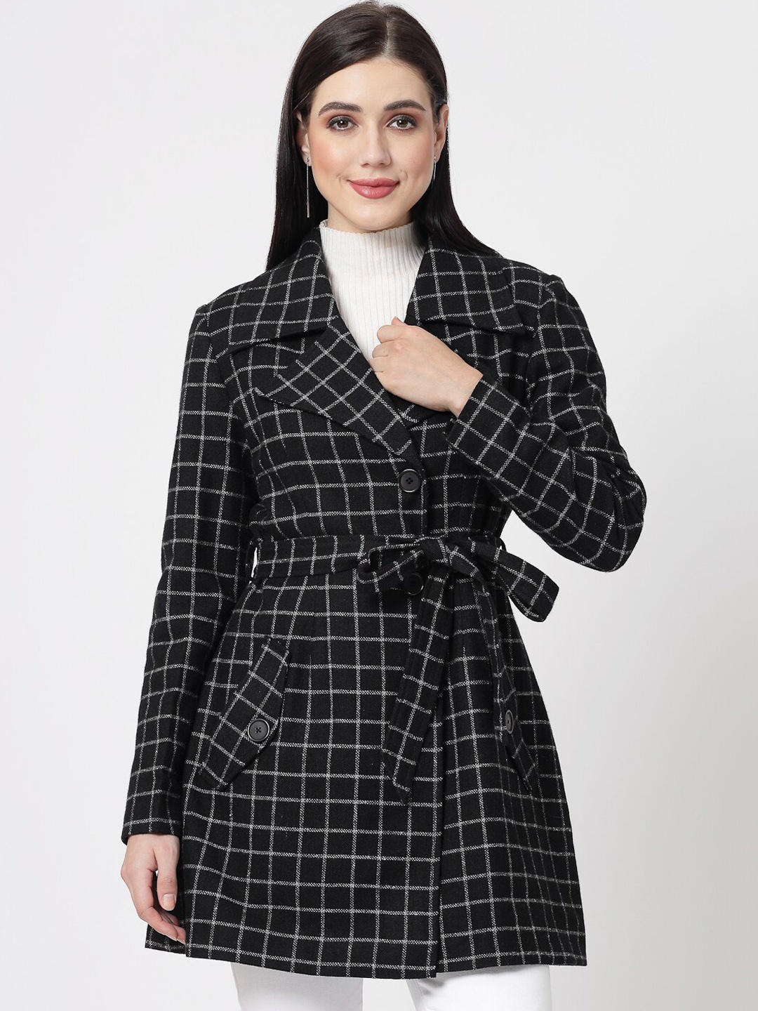 

Owncraft Checked Single-Breasted Wool Overcoat, Black