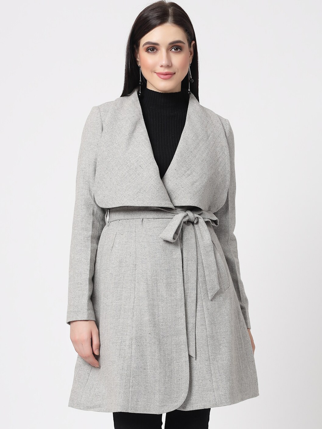 

Owncraft Herringbone-Design Double-Breasted Belted Longline Overcoat, Black