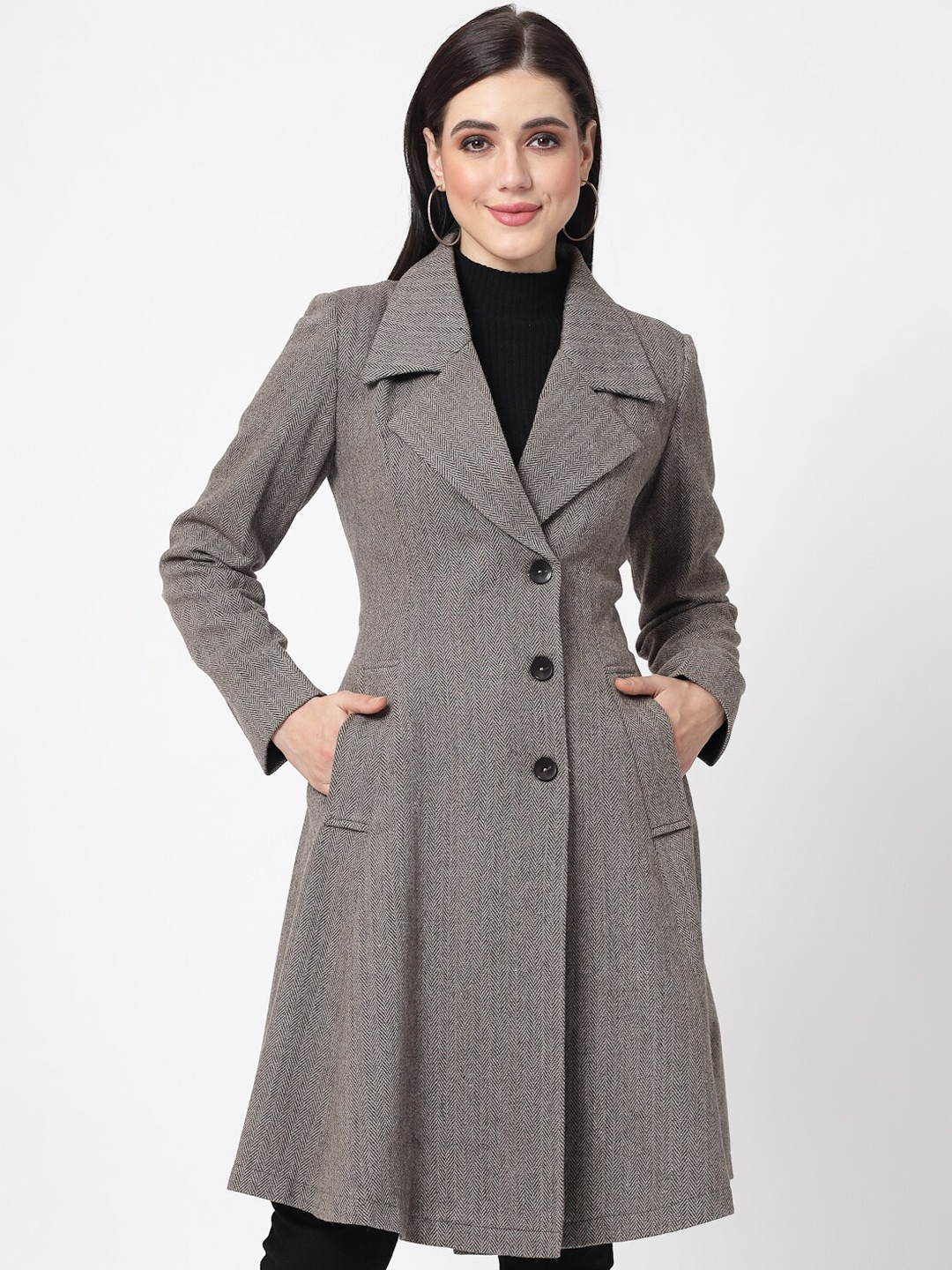 

Owncraft Striped Herringbone Single-Breasted Wool Overcoat, Brown